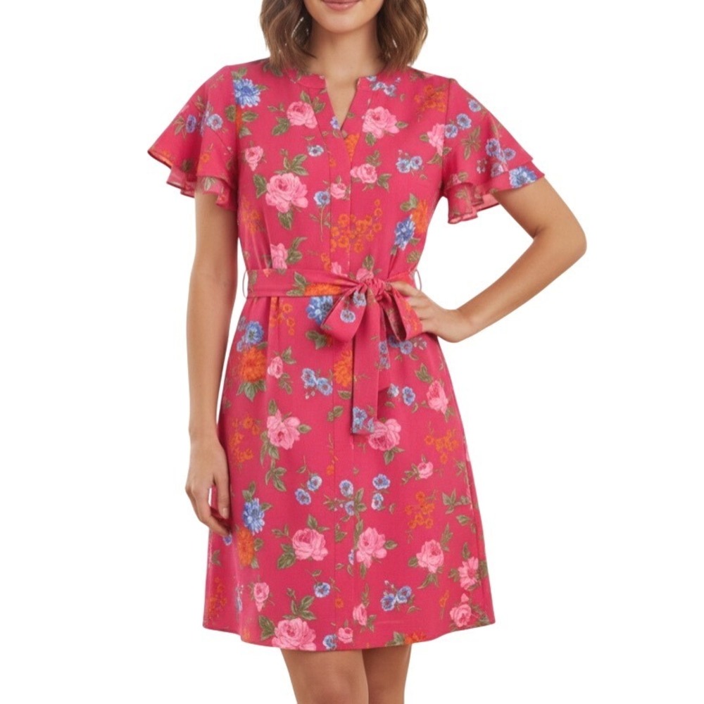 ANN TAYLOR Petite BAJA ROSE Double Flutter Sleeve FLORAL MINI DRESS XSP XS-P